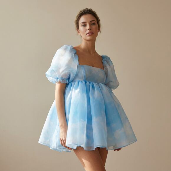 Selkie Blue Organza Head in the Clouds French Puff Short Dress size L